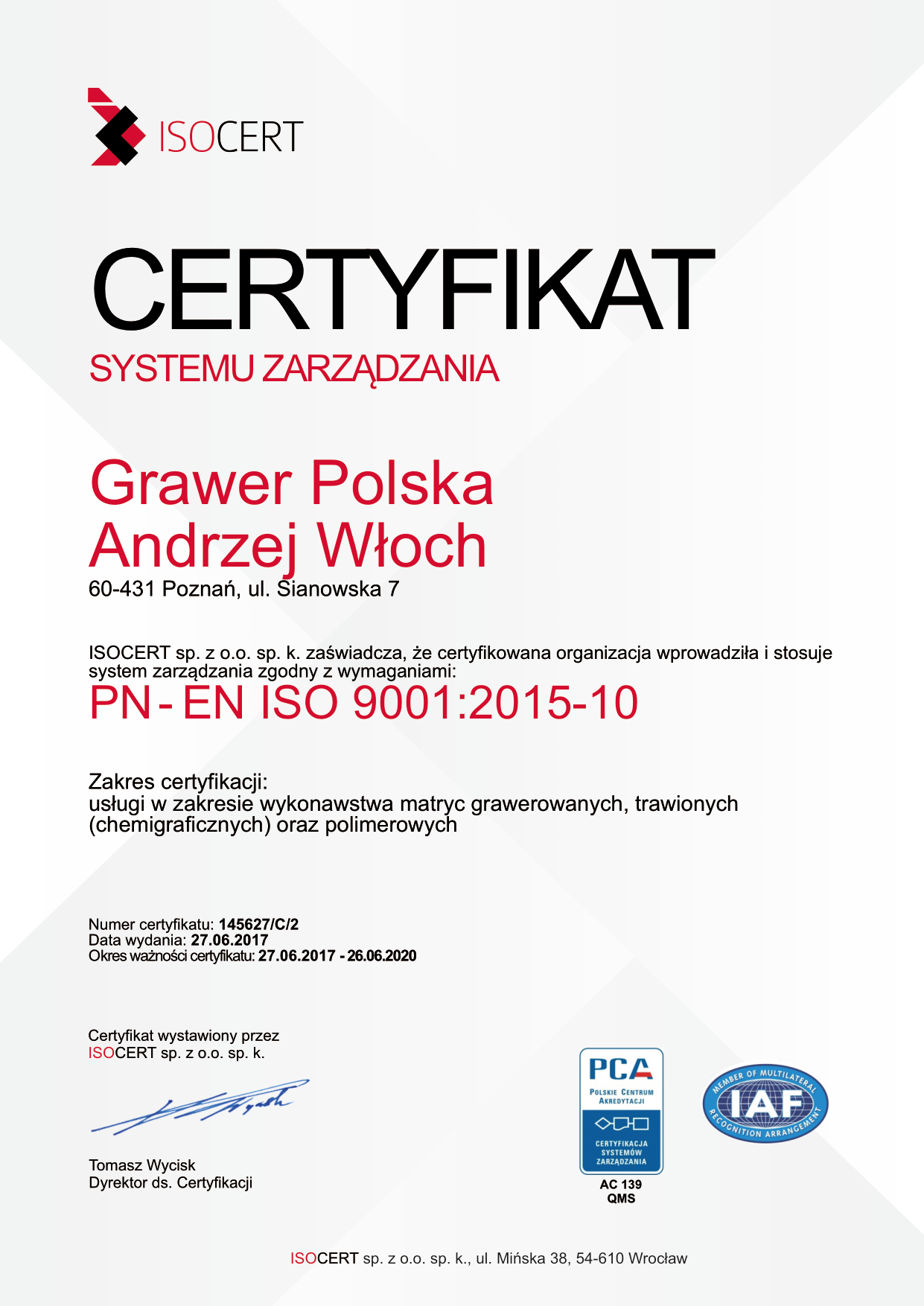 certyfikat ISO Grawer Polska