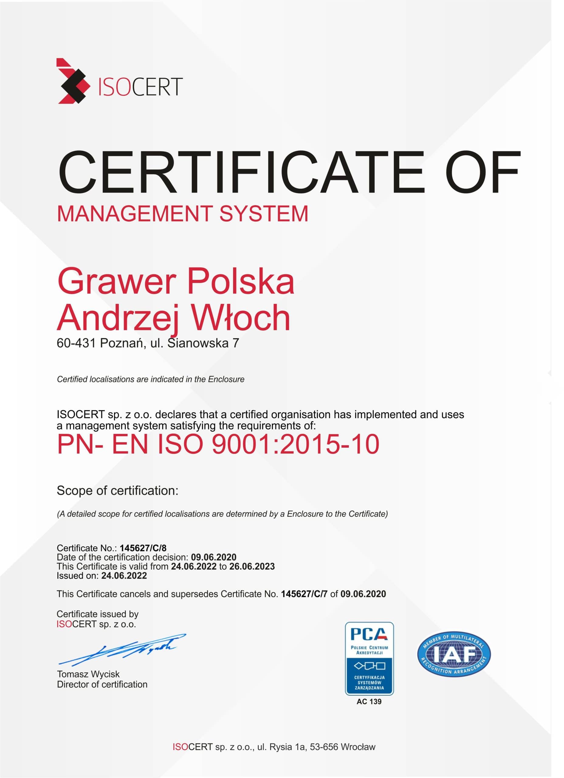 certificate ISO 9001 Gawer Polska