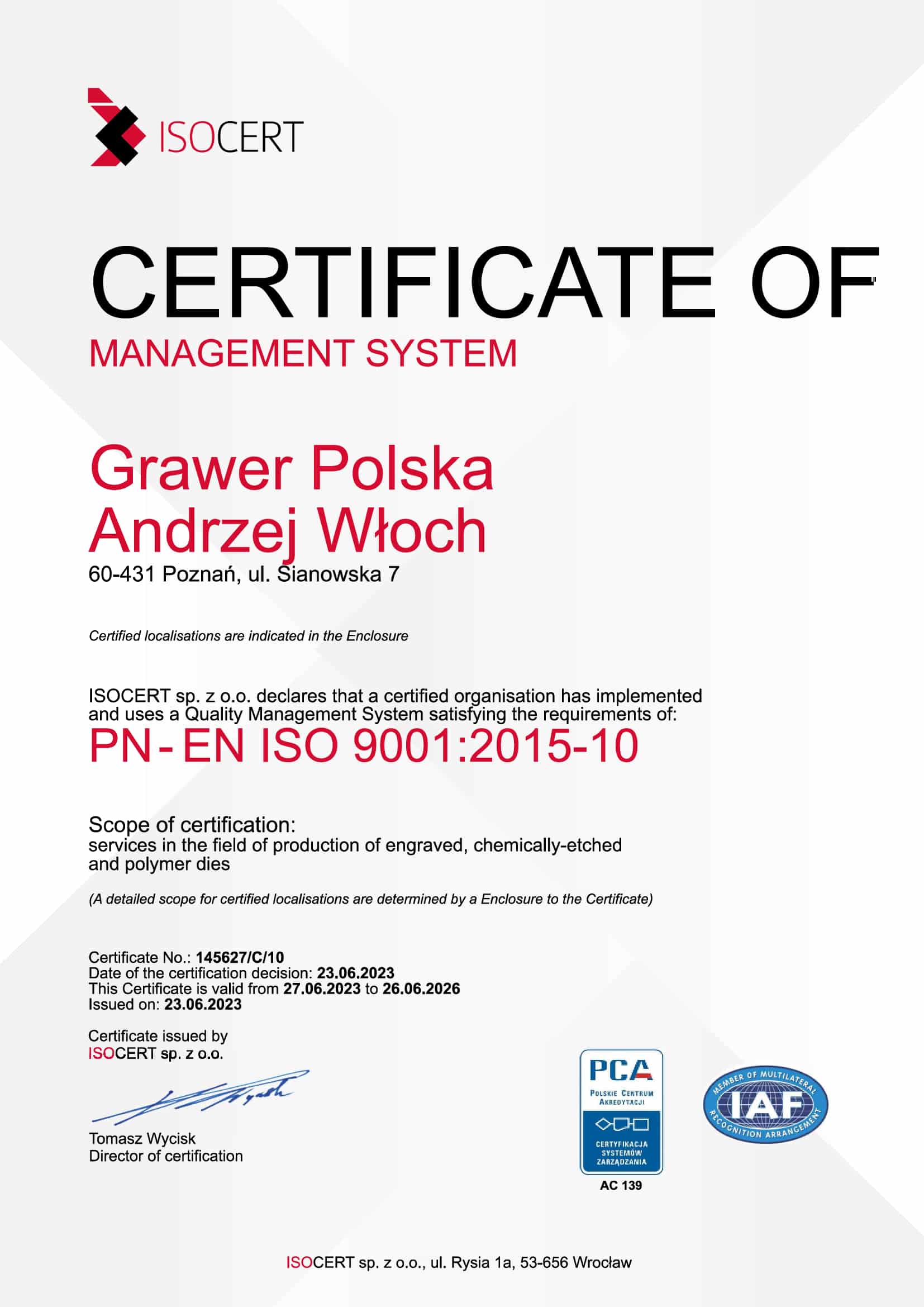 Grawer Polska ISO 9001 Zertifikat